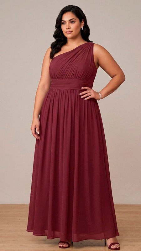 VESTIDO COLOR VINO OSCURO ASIMETRICO DE GASA