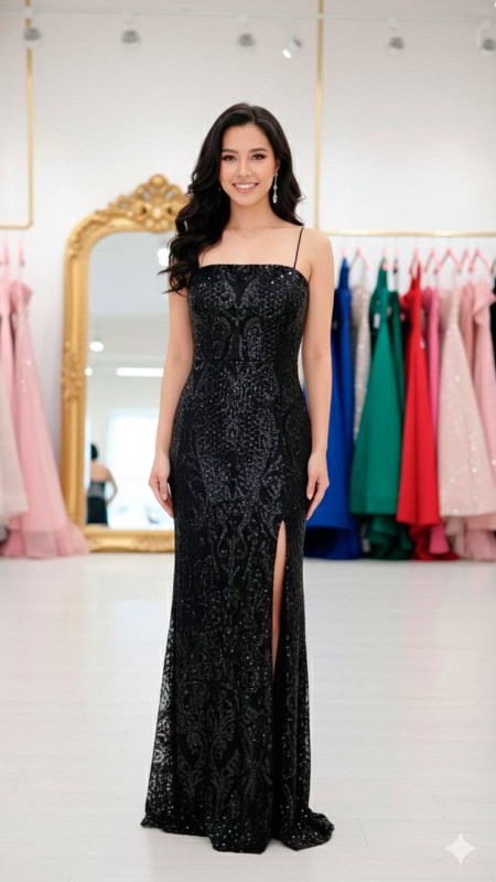 VESTIDO NEGRO CON LENTEJUELAS CORTE SIRENA