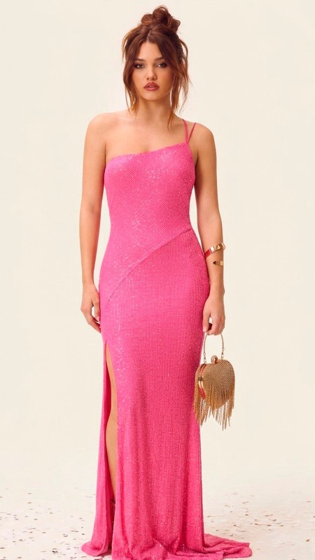 VESTIDO ASIMETRICO FUCSIA CON LENTEJUELAS