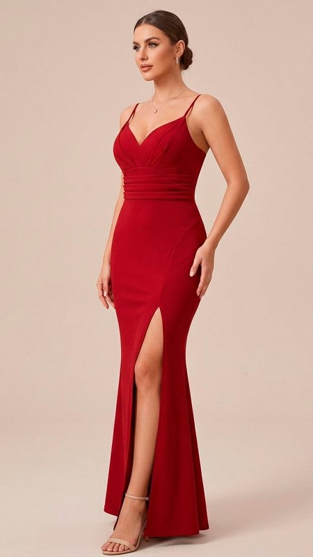 VESTIDO ROJO CON ARRUCHADO EN CINTURA