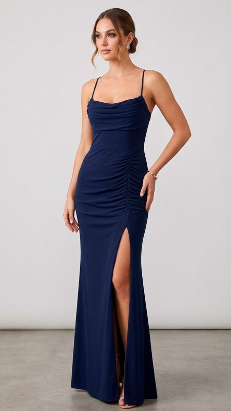 VESTIDO AZUL OACUSO CON ESCOTE EN ESPALDA
