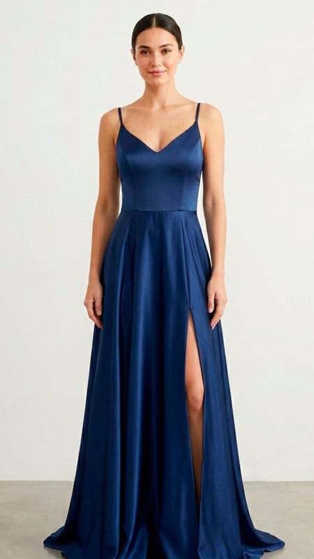 VESTIDO AZUL MARINO SATIN CORTE CAMPANA