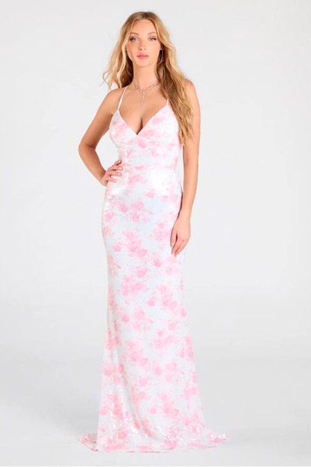 VESTIDO BLANCO CON ESTAMPADO ROSA DE LENTEJUELAS