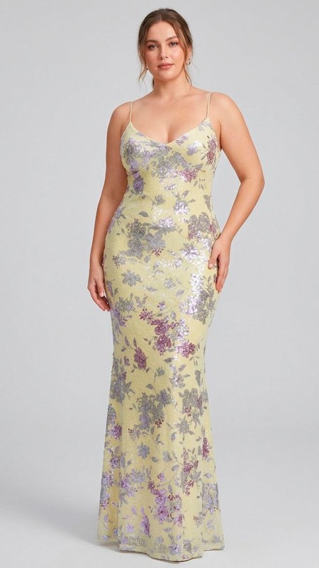 VESTIDO AMARILLO FLOREADO SIRENA CON LENTEJUELAS TORNASOL