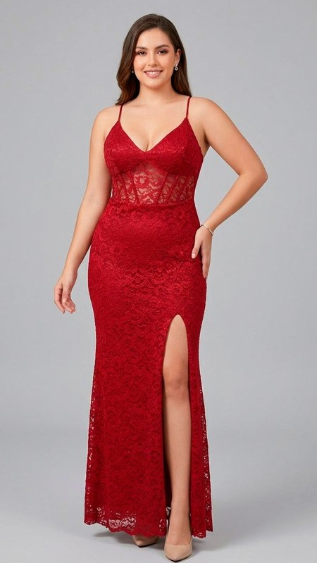 VESTIDO ROJO CON ENCAJE FLORAL Y CORSE