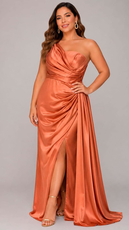 VESTIDO COBRIZO SATINADO ASIMETRICO CON CORSE