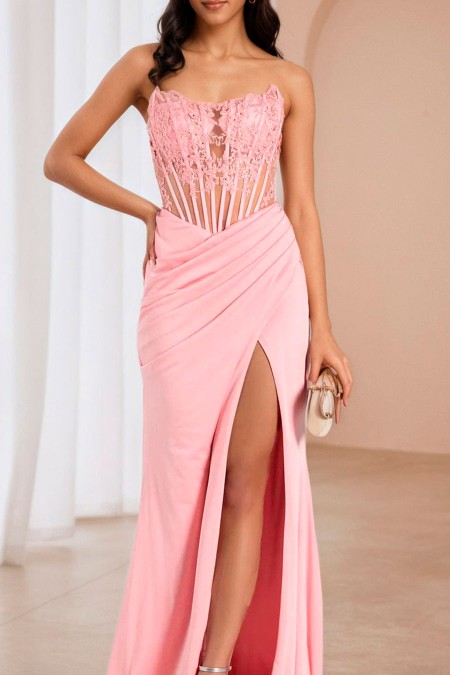 VESTIDO CON CORSE Y ENCAJE ROSADO