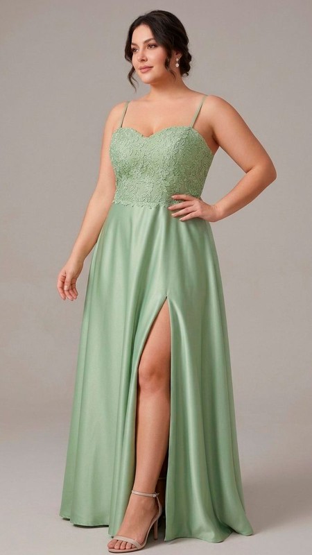 VESTIDO VERDE PISTACHO SATIN CON ENCAJE