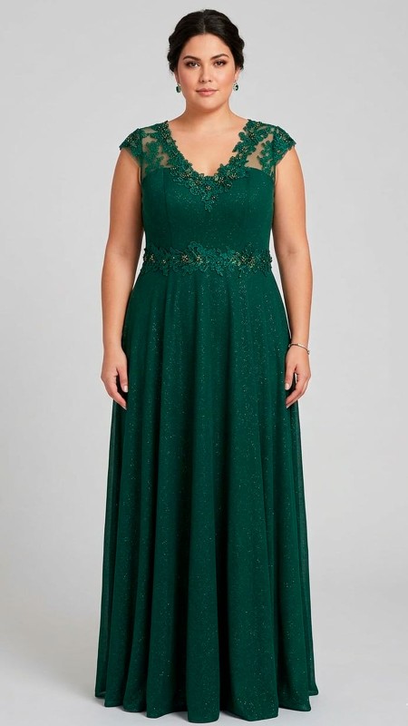 VESTIDO VERDE OSCURO CON ENCAJE Y BRILLO