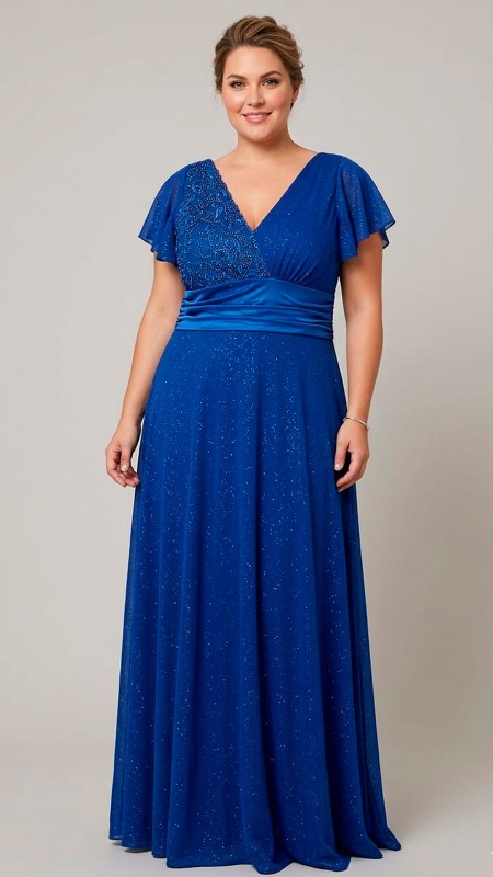 VESTIDO AZUL ELECTRICO CON BORDADO Y MANGAS