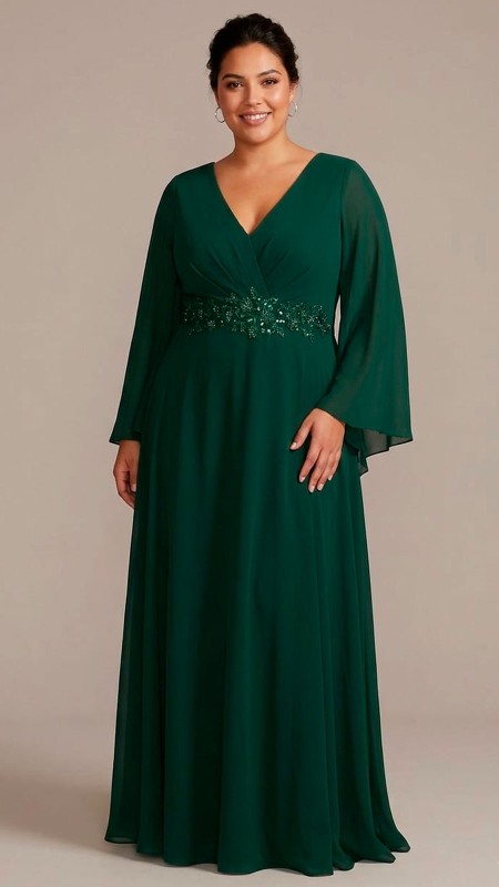 VESTIDO VERDE OSCURO CON MANGAS Y DETALLE EN CINTURA