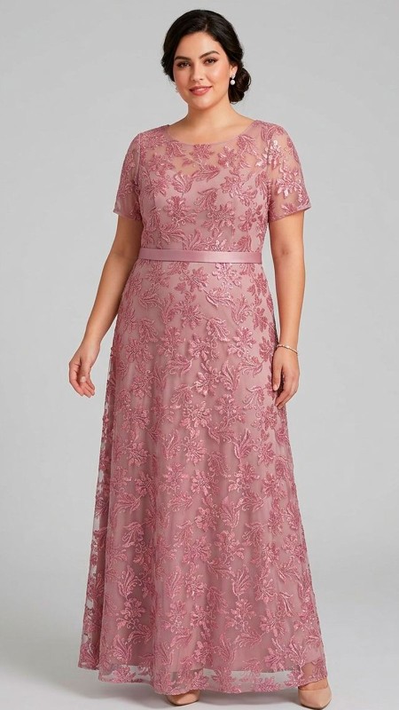 VESTIDO PALO ROSA CON PURO ENCAJE Y LENTEJUELAS