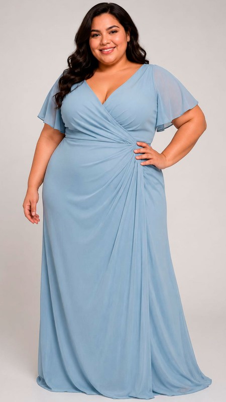 VESTIDO CELESTE GRISACEO CON MANGAS DE GASA