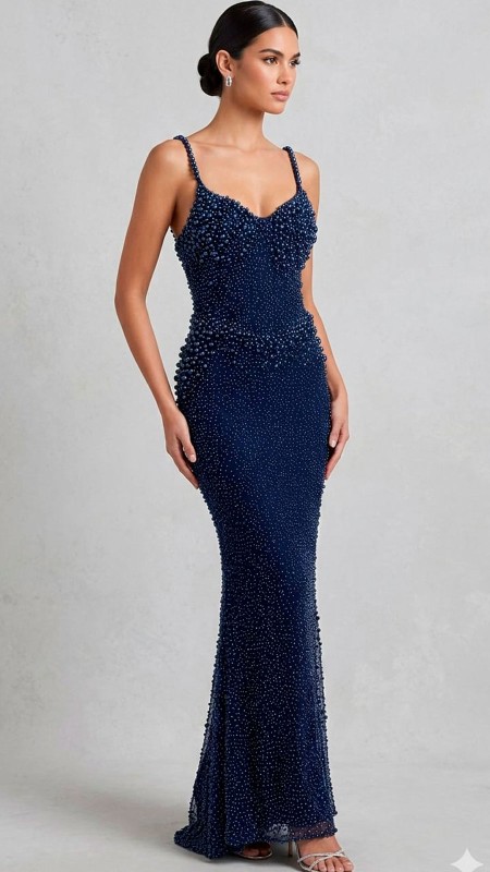 VESTIDO AZUL MARINO SIRENA CON PURAS PERLAS