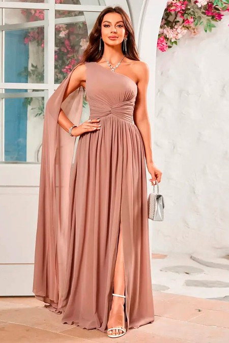 VESTIDO PALO DE ROSA ASIMETRICO DE GASA