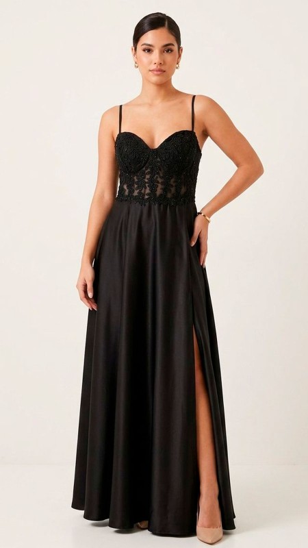 VESTIDO NEGRO CON ENCAJE SATINADO