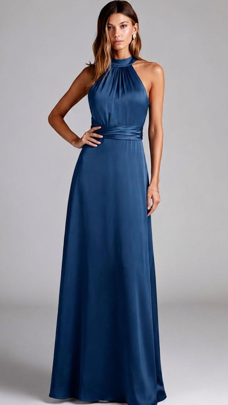VESTIDO AZUL SATIN CUELLO HALTER