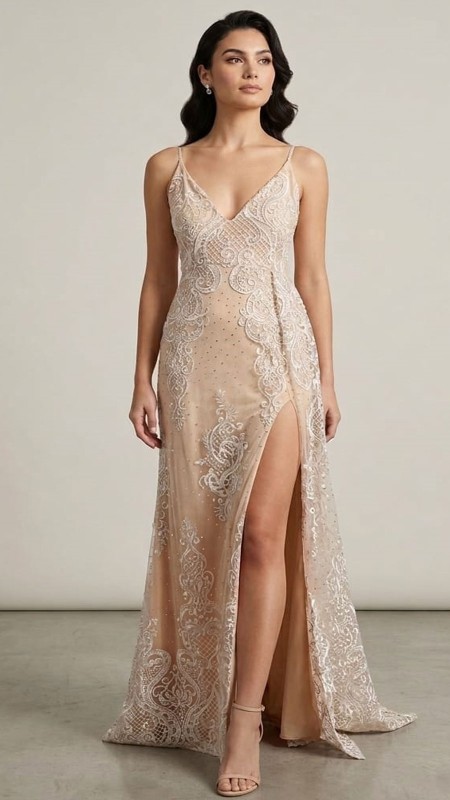 VESTIDO BEIGE CON ENCAJE