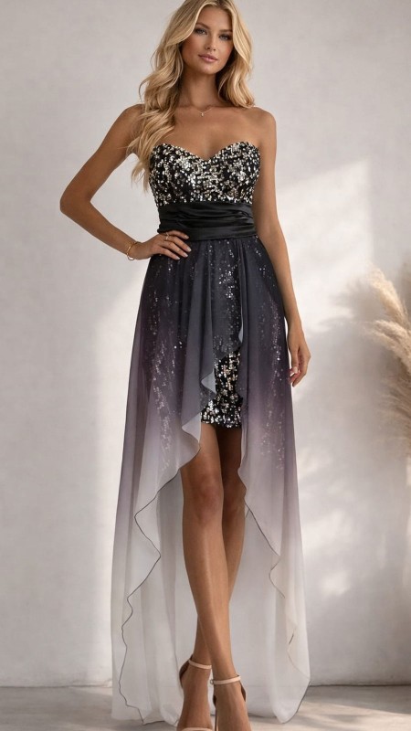VESTIDO STRAPLES PURA LENTEJUELAS  PLOMO Y NEGRO