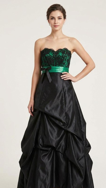 VESTIDONNEGRO ESTRAPLE CON ENCAJE VERDE