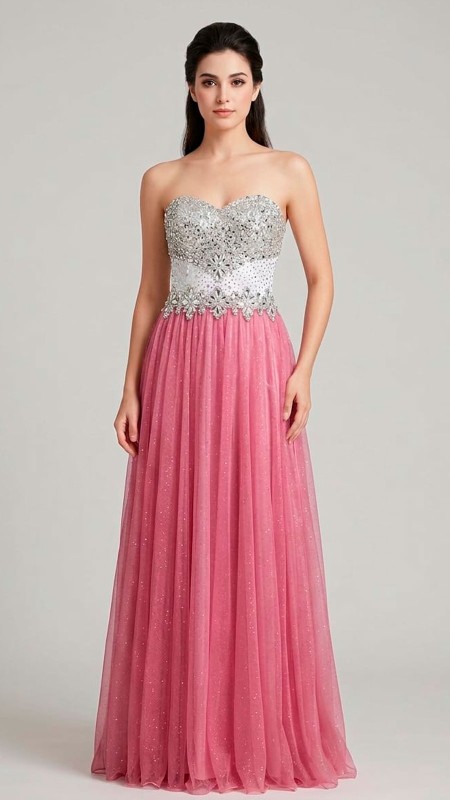 VESTIDP ROSA CON STRASS ESTRAPLE