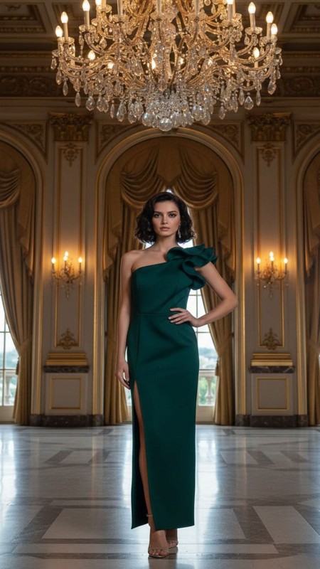 VESTIDO VERDE OSCURO ASIMETRICO VOLADITO E HOMBRO