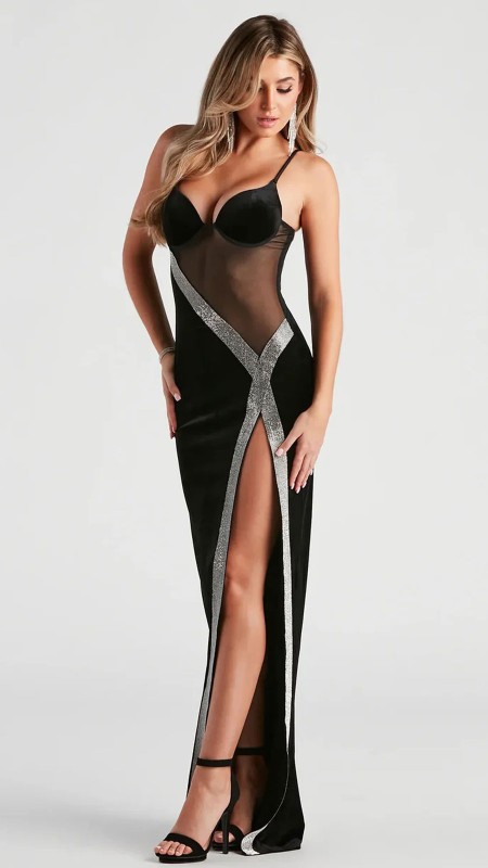 VESTIDO NEGRO GAMUSADO CON BRILLO Y TRANSPARENCIA