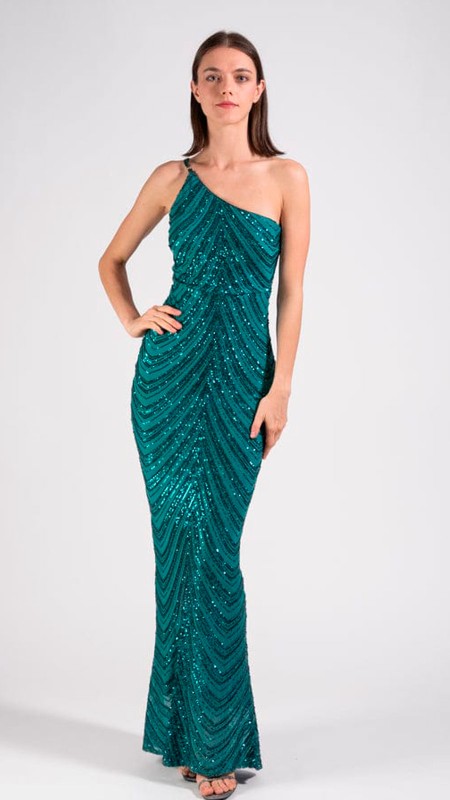 VESTIDO VERDE ASIMETRICO CON LENTEJUELAS