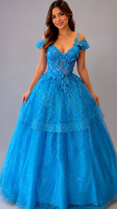 VESTIDO CELESTE CON MARIPOSA 3D DE 3 PIEZAS