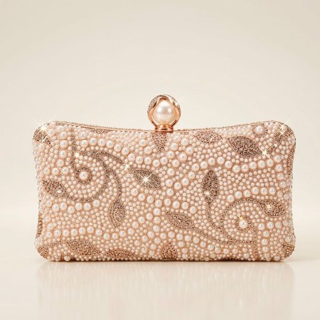 CARTERA ROSA CHAMPAGE DE MANO CON PERLAS