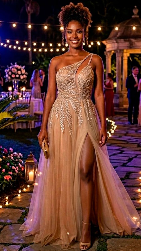 VESTIDO NUDE ASIMETRICO  POMPOSO