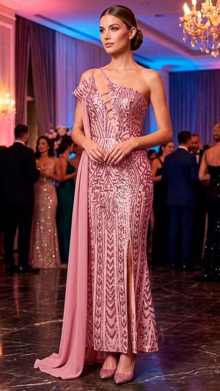 VESTIDO PALO DE ROSA ASIMETRICO CON UNA CAPA