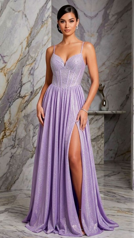 VESTIDO LAVANDA CON VARILLAS Y STRASS