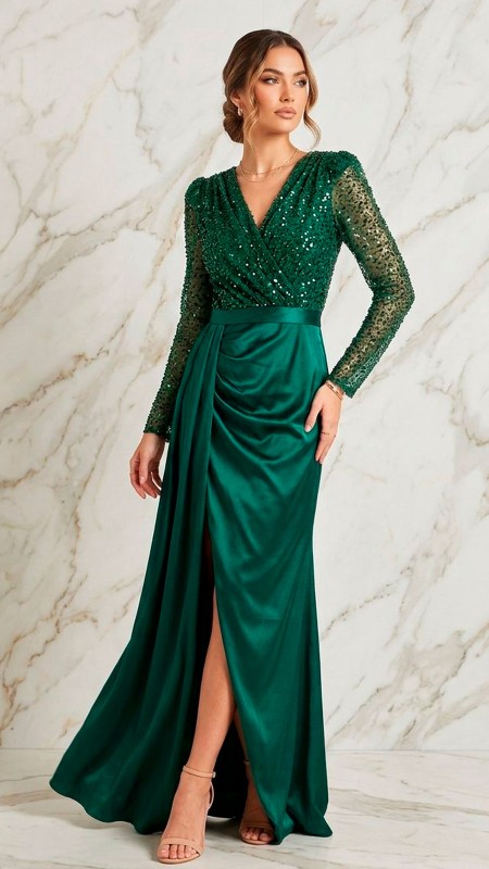 VESTIDO VERDE OSCURO CON MANGAS DE LENTEJUELAS SATINADO