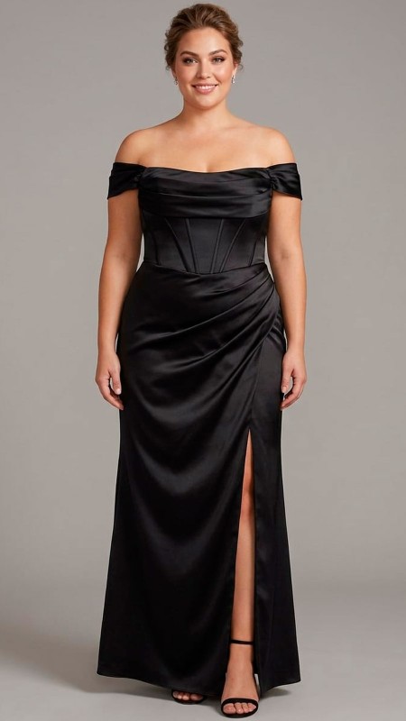 VESTIDO NEGRO SATIN MANGAS CAIDAS