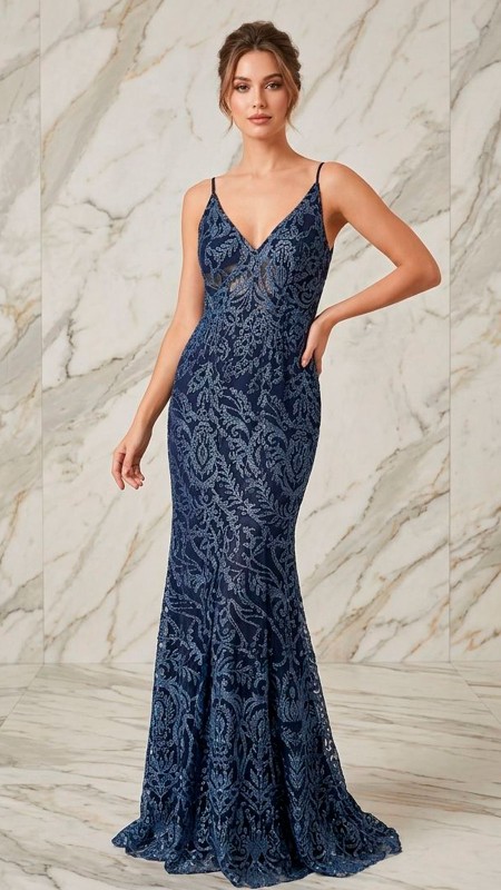 VESTIDO AZUL CON DETALLES DE BRILLO