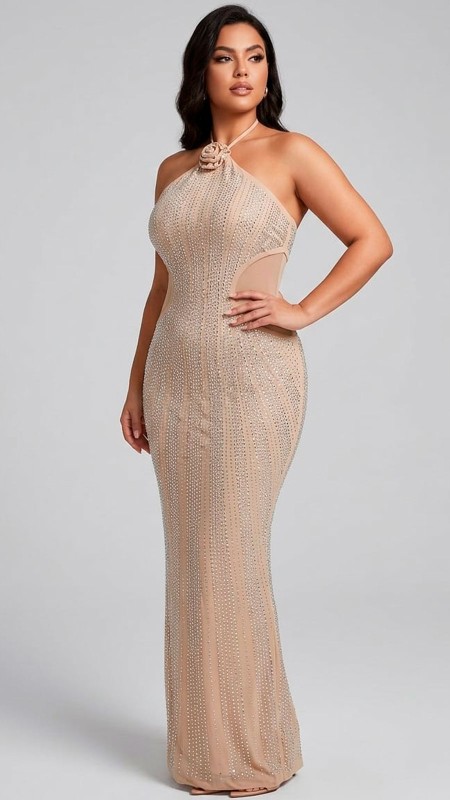 VESTIDO BEIGE CON STRASS