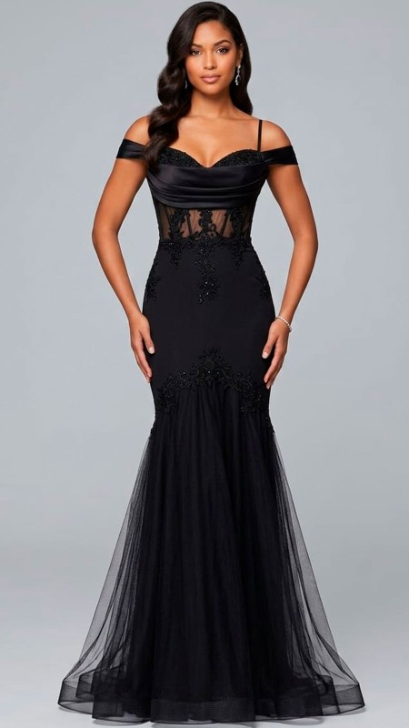 VESTIDO NEGRO SIRENA CON TRANSPARENCIA  CORSET Y TULL
