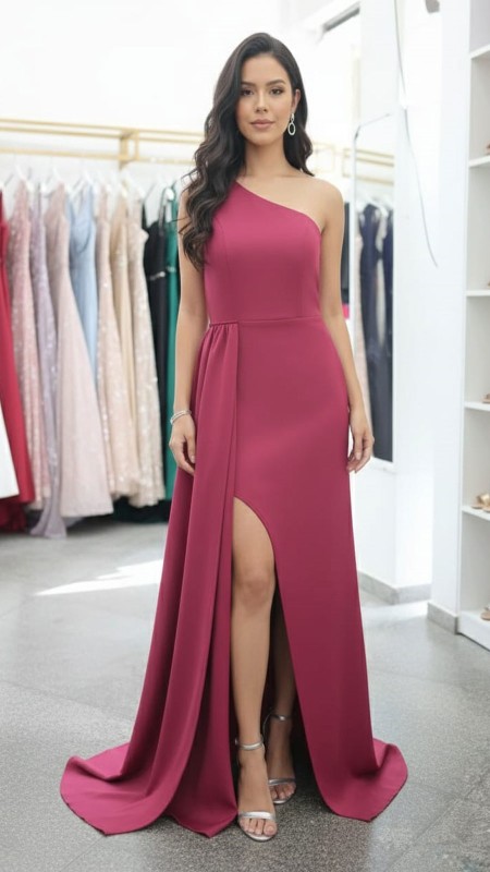 VESTIDO ROJO OSCURO ASIMETRICO