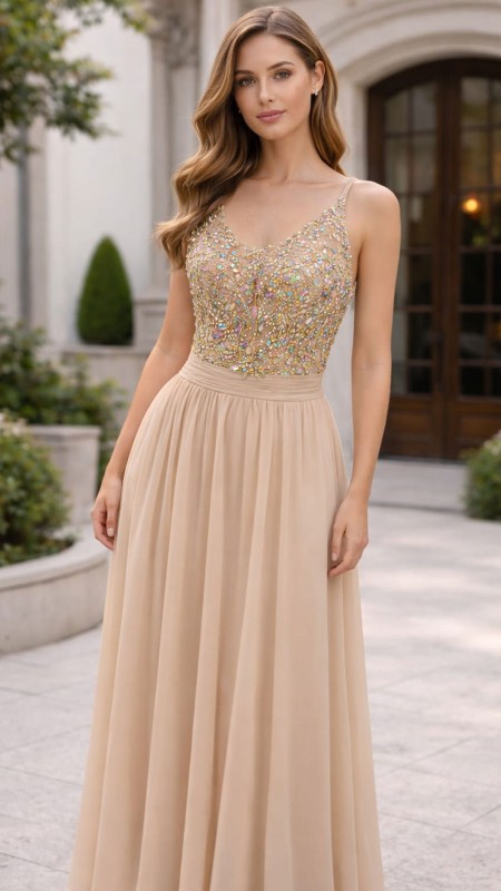 VESTIDO DORADO CON BORDADO PEDRERIA