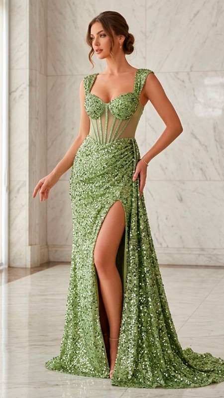 VESTIDO VERDE PISTACHO CON LENTEJUELAS Y CORSET