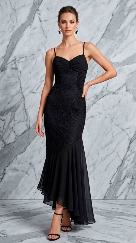 VESTIDO NEGRO CON ENCAJE Y VOLADOS
