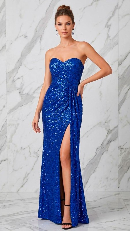 VESTIDO AZUL ELECTRICO CON LENTEJUELAS ESTRAPLE