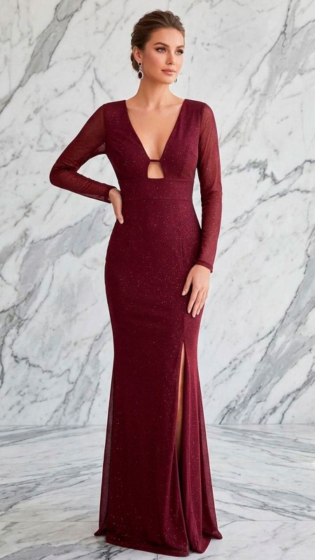 VESTIDO CPLPR VINO CON BRILLO MANGAS LARGAS