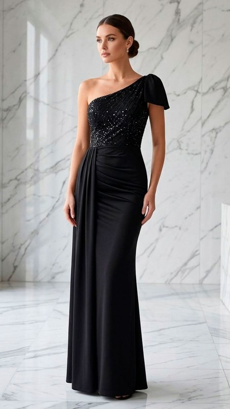 VESTIDO NEGRO ASIMETRICO CON BRILLO Y LAZO EN HOMBRO