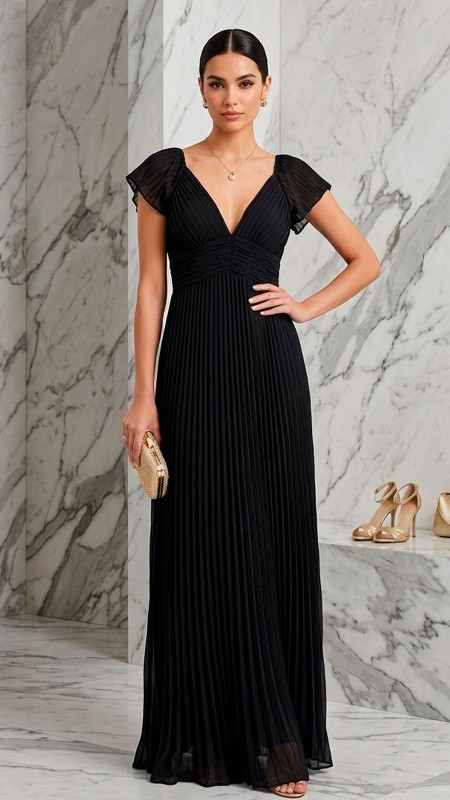 VESTIDO NEGRO CON MANGAS PLISADO