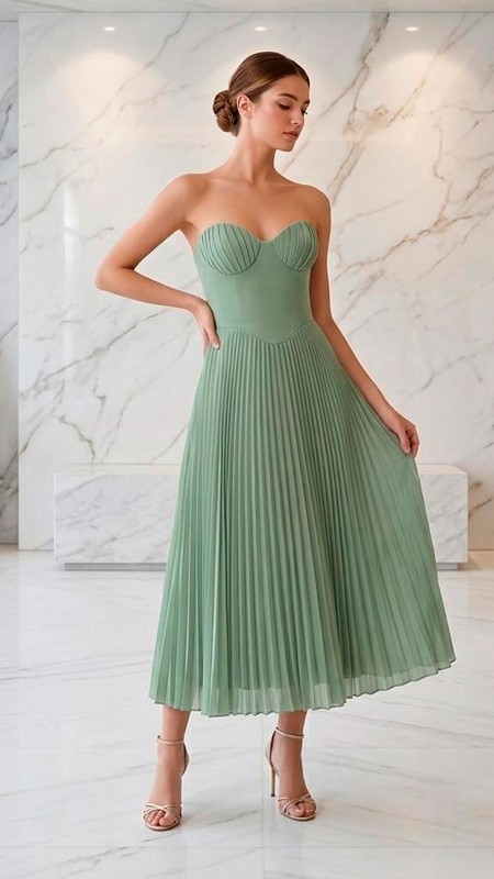 VESTIDO VERDE CLARO MIDI PLISADO