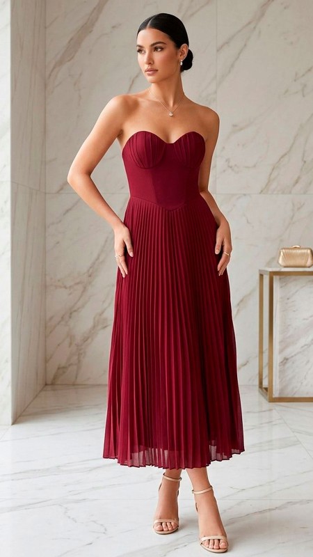 VESTIDO GUINDO ESTRAPLE MIDI PLISADO