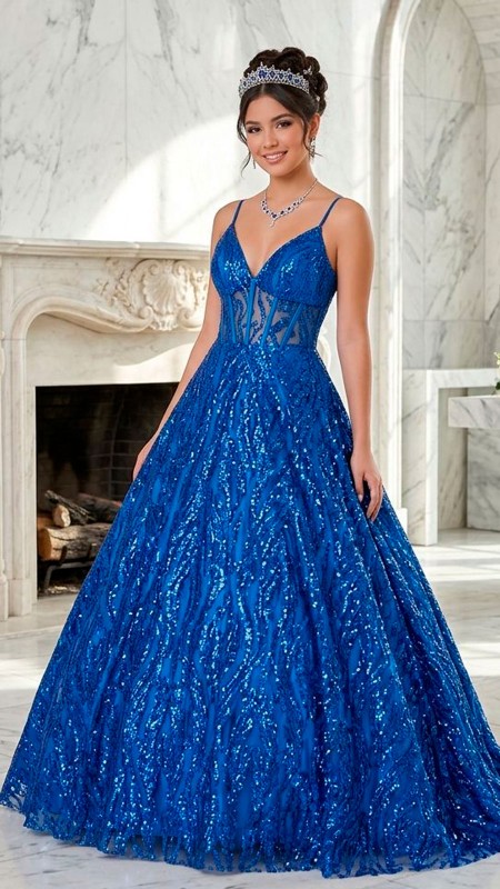 VESTIDO AZUL ELECTRICO CON BRILLO POMPOSO