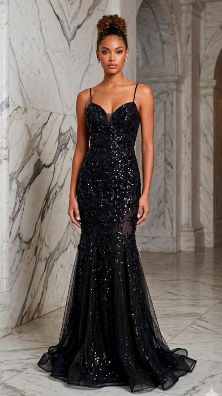 VESTIDO NEGRO CON LENTEJUELAS Y ABAJO TULL
